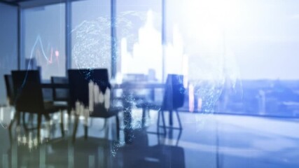 An office meeting room with blurred chairs, a world map, and stock market lines visible on the windows - Powered by Adobe