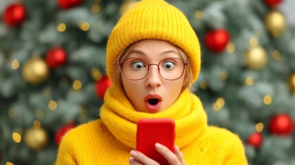 A young woman bundled in cozy winter clothing and bright eyeglasses looks astonished while holding her phone. Holiday decorations in the background create a festive atmosphere