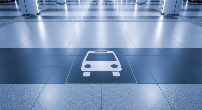 Bus Stop Symbol Signage Positioned On Floor In Modern Transit Setting