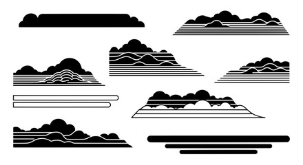 A versatile collection of black abstract geometric shapes including lower third bars, banners, and stylized clouds isolated on a white background.