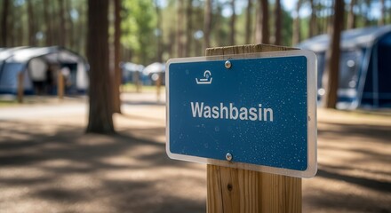 Campsite Sign Illustrating A Washbasin, Amidst The Nature With Tents, And Trees