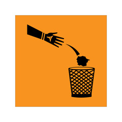 hand-throwing-trash-into-bin-icon A clean black-and-white icon depicting a hand throwing a crumpled paper into a waste bin. Simple, minimalistic, and perfect for recycling, waste management, cleanline