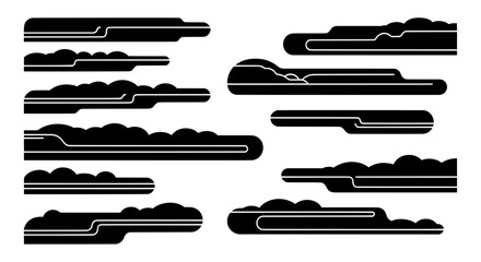 A versatile collection of black futuristic vector shapes, including abstract cloud-like lower thirds and banners with clean lines for modern design projects.