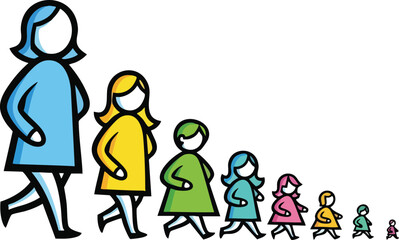 Diverse group of women and girls of varying sizes walking together in colorful clothing representing unity and progression