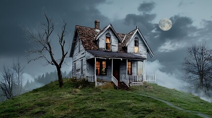 Haunting night scene abandoned house spooky landscape moonlit environment eerie viewpoint chilling concept