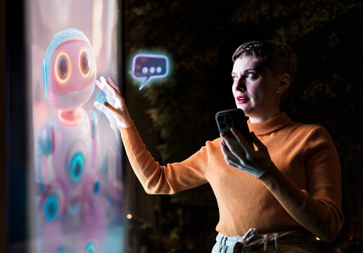 Engineer interacting with AI chatbot technology using augmented reality