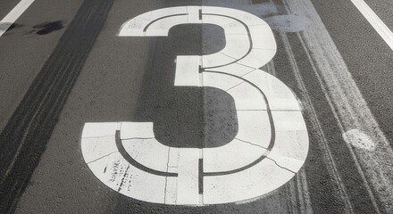 Bold White Number Three Stencil Art on Textured Asphalt Pavement Surface
