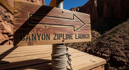 Canyon Zipline Launch Sign Indicating Adventure Direction With Rocky Landscape