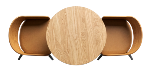 top view of wooden round table with two chairs for restaurant or cafe isolated on white