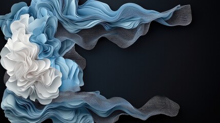 Fototapeta premium Abstract flowing forms of layered fabric and delicate mesh create a dynamic composition against a dark background.