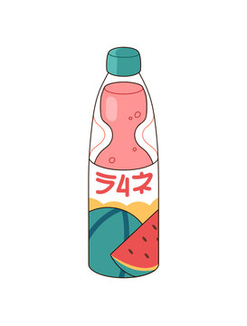 Glass bottle of ramune with watermelon flavor. Package of Japanese carbonated soft drink. Container of refreshing Asian soda, sparkling beverage. Flat isolated vector illustration on white background