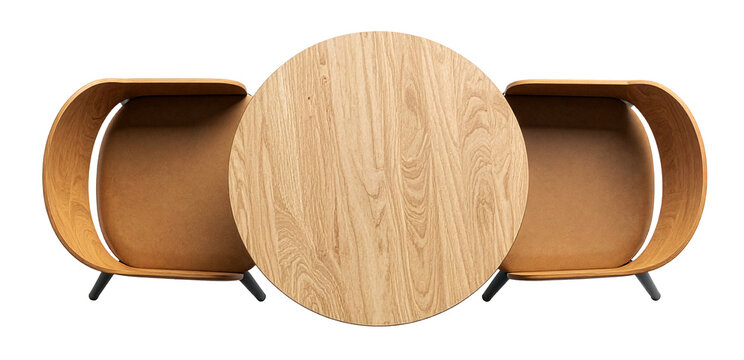 top view of wooden round table with two chairs for restaurant or cafe isolated on white
