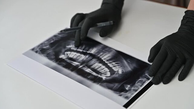 Dentist showing a patient a panoramic dental X-ray (OPG) for diagnosis and treatment planning. Modern dentistry concept
