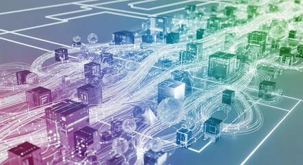 Abstract visualization of digital data streams connecting server cubes in a futuristic network, representing information technology and global communication flow