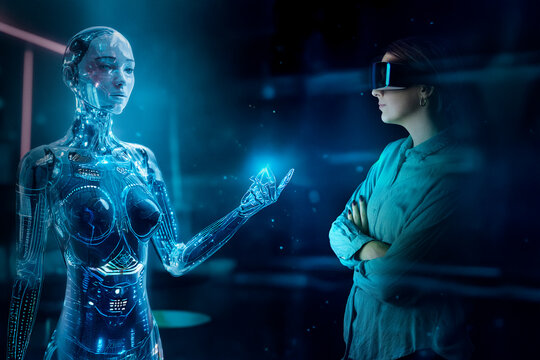 Robot and human with virtual reality glasses interacting in a futuristic digital environment