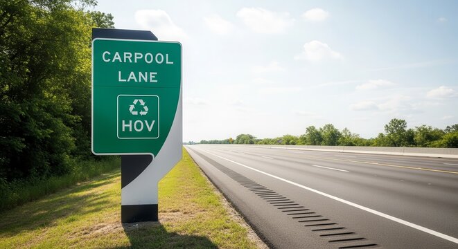 Carpool Lane Signage Next to Highway with Clear Sky and Road Landscape