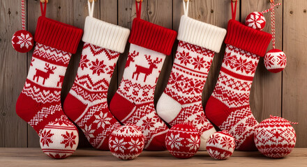 Red and White Knitted Christmas Stockings Hanging on a Rustic Wooden Wall