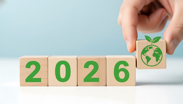Hand adding wooden block with earth icon and leaves to complete year 2026, symbolizing commitment to environmental sustainability
