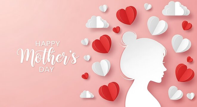 Happy Mothers Day background design with woman silhouette and paper cut hearts and clouds for greeting cards and social media posts wishing a special day to beloved mothers