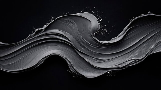 A dynamic, flowing wave of dark grey textured material, resembling thick paint or clay, splashes with tiny white particles against a solid black background.