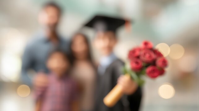 A blurred image of a graduate holding roses, surrounded by family, celebrating a significant milestone in an indoor setting.