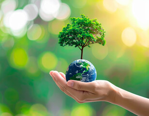 Eco Globe in Hand with Tree Growth Symbolizing Sustainability and Global Environmental Responsibility	