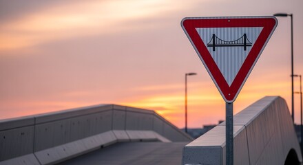 Bridge Ahead Sign Illuminated By Scenic Sunset With Dramatic Cloud Formations
