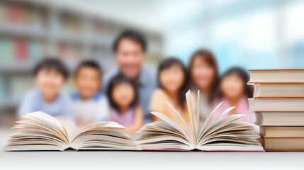 An open book in the foreground with blurred children and adults in the background, a focus on education and family interaction, family graduation, child savings