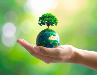 Hands Holding Eco Globe with Tree Over Green Background for Environmental Design and Global Campaigns