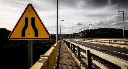 Bridge Ahead Sign Indicates Road Lanes Diverge into the Distance Under Cloudy Sky