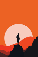 Silhouette of a man standing on a rocky peak against a vibrant orange sunset, symbolizing determination, ambition, and personal growth in a minimalist, atmospheric landscape.