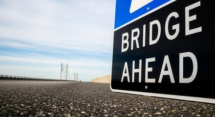 Bridge Ahead Sign Photo Indicating Distance for Transport and Road Infrastructure