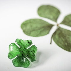 Detail of four-leaf clovers on background