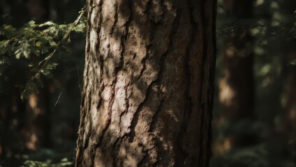Fototapeta premium Close-up of a tree trunk with rough textured bark in a shadowy, green forest