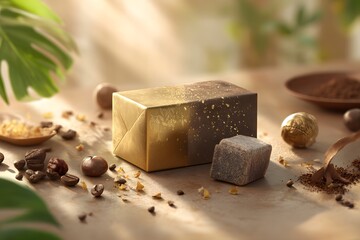 Box of chocolates sits on a table with other items. The box is gold and has a gold foil wrapper. The other items on the table include a bowl of nuts, a spoon, and a chocolate piece