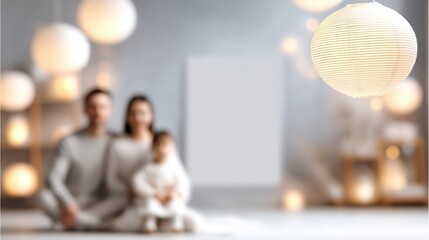 A cozy, softly lit room features a family sitting together, with decorative lanterns a warm atmosphere, family graduation, child savings