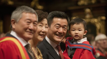 A joyful family portrait featuring adults and a child dressed in formal attire, celebrating a special occasion, family graduation, child savings