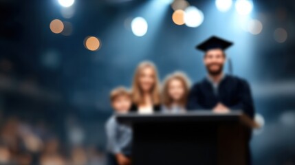 A family celebrates a graduation milestone, featuring a proud graduate in cap and gown with loved ones, set against a blurred, festive backdrop, family graduation, child savings