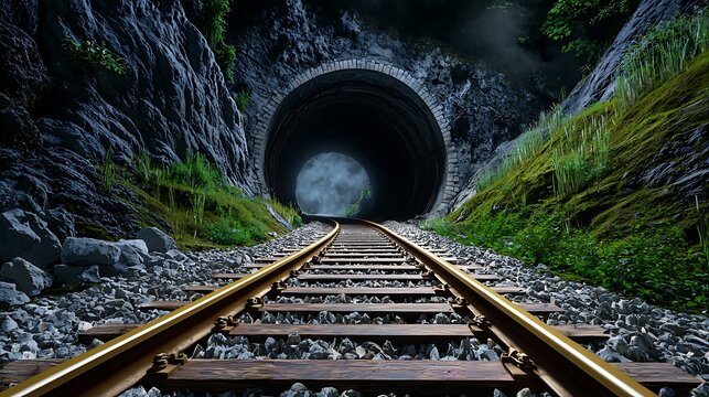 Exploring the mysteries of a dark tunnel train tracks digital art eerie atmosphere wide angle adventure
