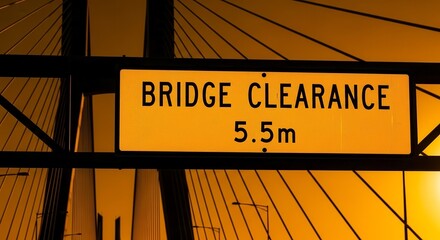 Bridge Clearance Sign: A Vital Safety Indicator, Illuminated Against Sunset, Night Sky
