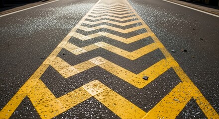 Chevron Roadway Markings: Guiding Arrows and Perspective View on Black Asphalt