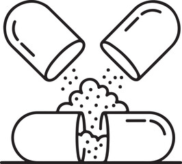 Open medicine capsule with powder spilling pharmacy and health care concept