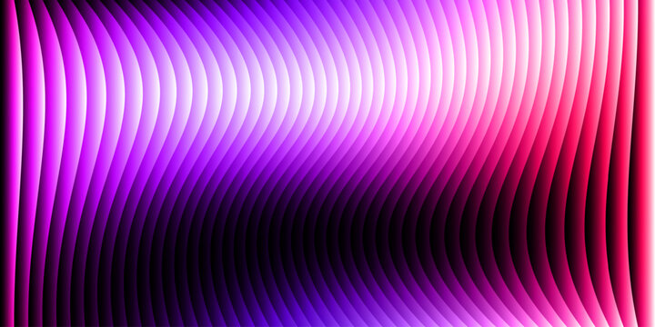 Neon ribbed fractal glass 3d background. Holographic vertical stripe pattern with vibrant purple blue yellow gradient. Abstract black bg, iridescent texture lines in radiant colors. 3D illustration