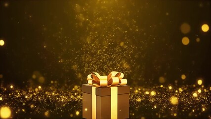 A luxurious dark gift box tied with a golden ribbon and bow surrounded by shimmering golden particles and glittering bokeh lights perfect for holiday celebrations, anniversaries, or special