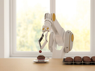Robotic arm decorating chocolate cupcake with cherry indoors