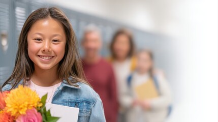 A smiling girl holds flowers and a notebook in a school hallway, with blurred classmates in the background, conveying a cheerful school atmosphere, family graduation, child savings