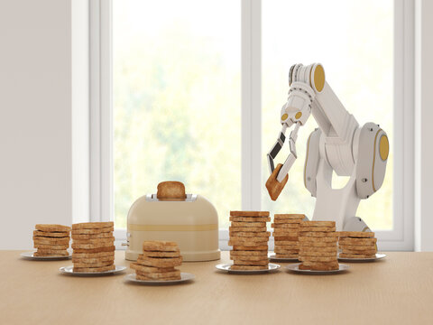 Robot arm prepares toast stacks with toaster in modern kitchen