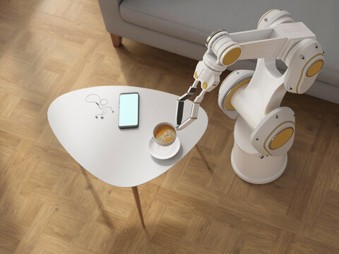 Robot arm serving coffee in modern living room with smartphone