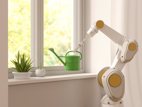 Robotic arm watering houseplants with can on windowsill indoors