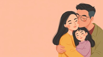 A warm illustration of a family embracing, featuring a father kissing a mother and a daughter smiling, set against a soft pink background, family graduation, child savings
